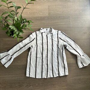 Calvin Klein White Smock-Neck Collarless Striped Blouse with Bell Sleeves